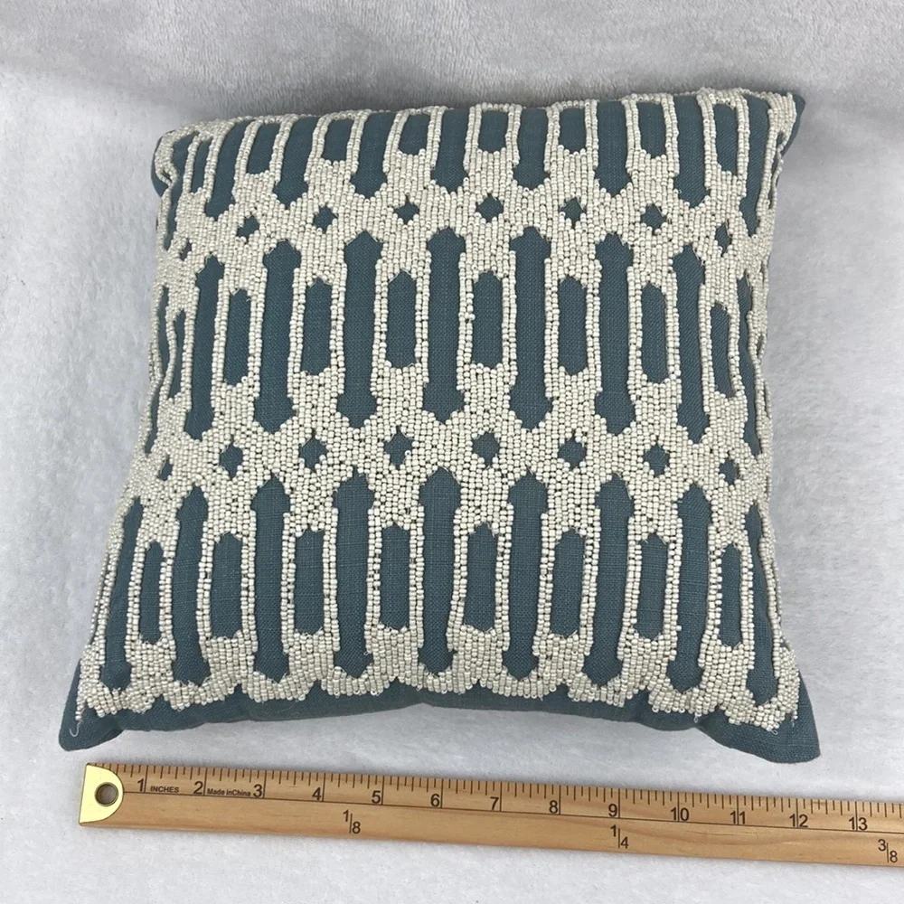 Pier 1 VTG Teal & Cream Beaded Decorative Pillow 12 x 12